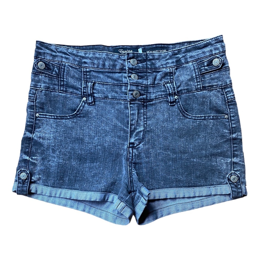 Eunina Ruby Black High Rise Stacked Waist Cuffed Denim Jean Shorts Size L